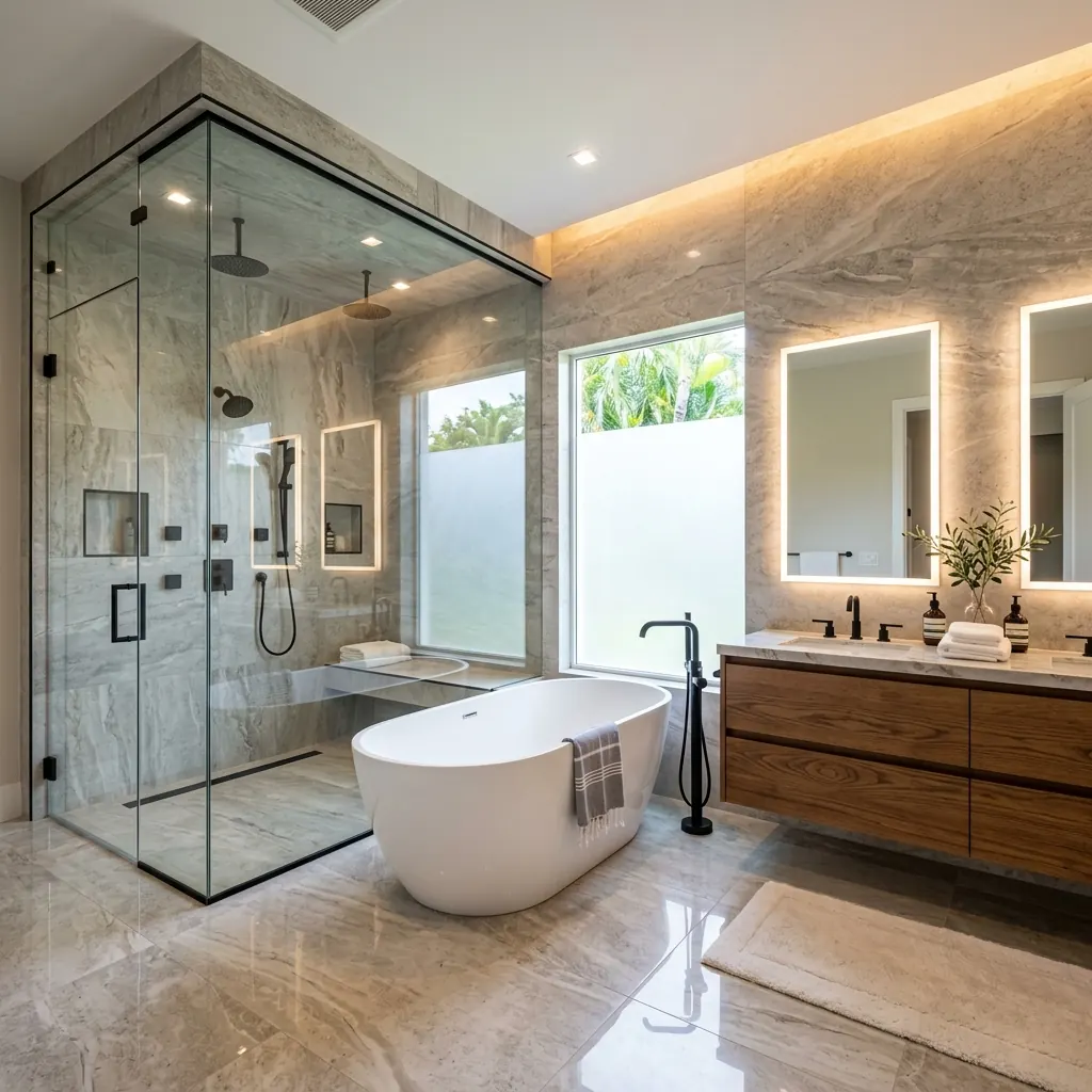 Luxury primary bathroom with floor-to-ceiling porcelain and freestanding tub